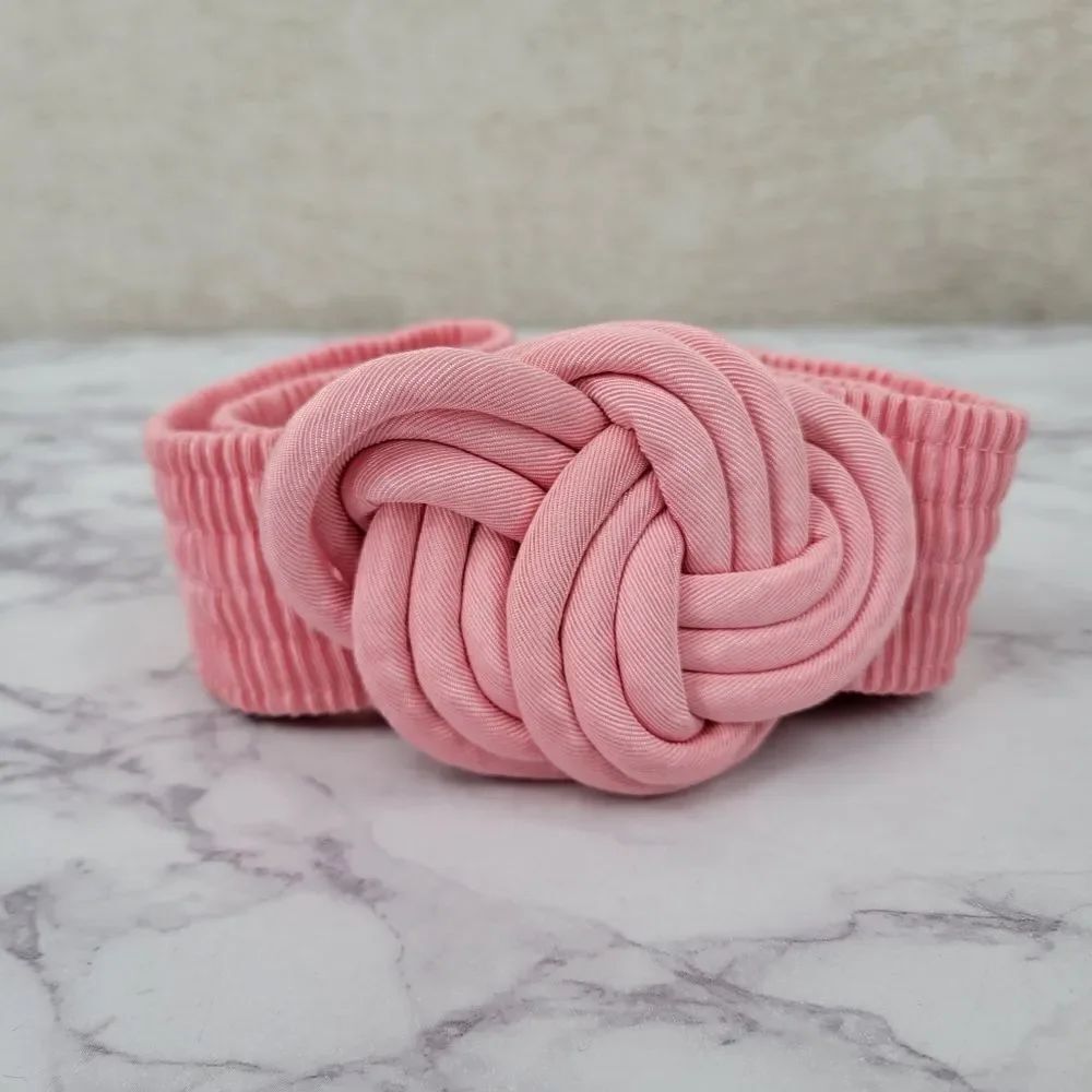 Vintage 80s Baby Pink Celtic Knot Rope Buckle Smocked Fabric Stretch Belt